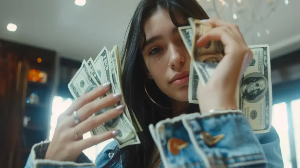 Mujer sosteniendo fajos de billetes de dólar con expresión de satisfacción