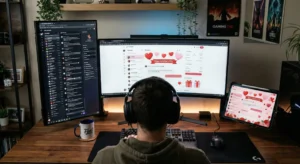 Top Chatter gestionando conversaciones en múltiples pantallas utilizando scripts para OnlyFans y organizando promociones de San Valentín en una tablet.